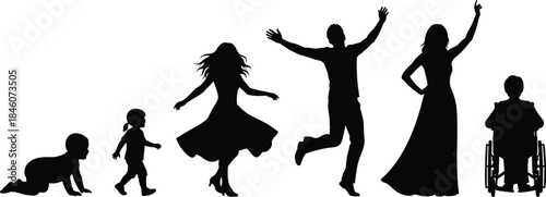 Human life stages silhouette from baby crawling to adulthood and wheelchair senior, diversity, growth, family, lifestyle evolution concept illustration