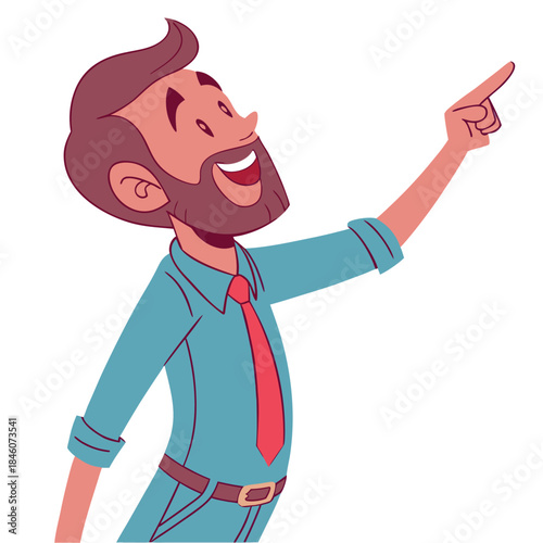 Joyful bearded man in blue shirt and red tie points upwards with enthusiasm