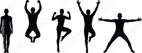 Male fitness silhouettes showing strength, power poses, jumping, balance, victory, confidence, athletic performance, motivation and freedom, isolated black figures
