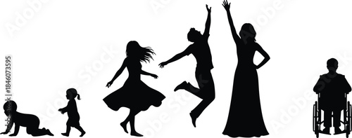 Human life stages silhouette showing growth from baby crawling to adult movement and senior in wheelchair, diversity and inclusion concept