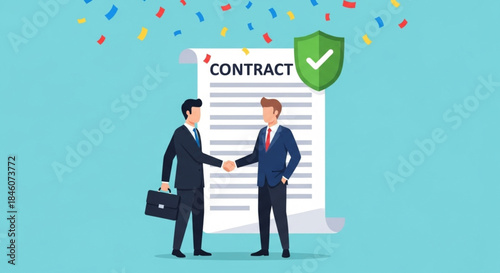 Business Agreement Signing Between Two Professionals with Contract and Shield Icon, Office Background, Vector Illustration