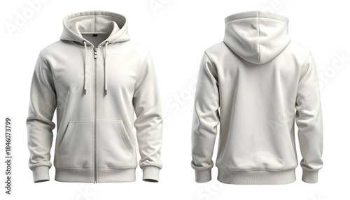 Front and back views of a plain, cream-colored, zipped hooded sweatshirt on black