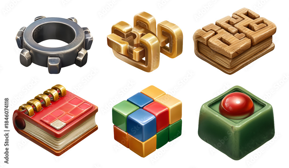 Obraz premium Glossy 3D Toolkit for Hobby Enthusiasts Featuring Puzzles and Creative Objects