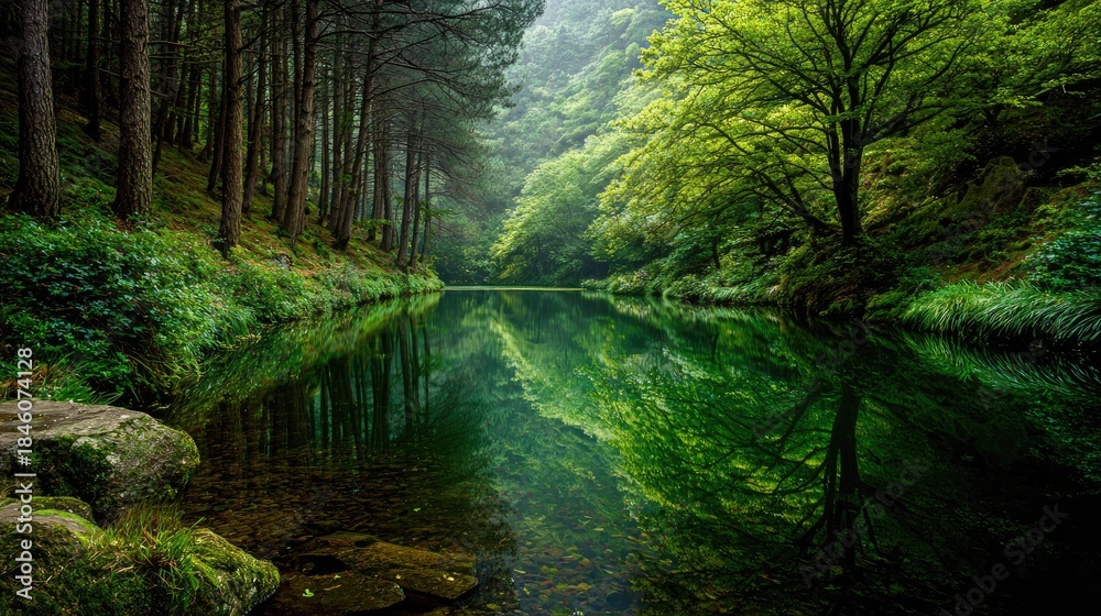 Obraz premium Tranquil forest lake mirrors lush green trees and dense woods.