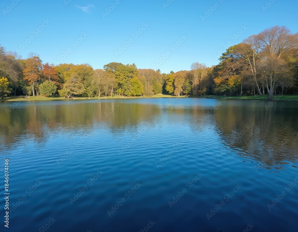 Fototapeta premium Calm lake reflects trees and blue sky on sunny day. Autumn foliage covers forest edge. Ripples disturb still water surface. Peaceful natural scenery invites outdoor leisure.