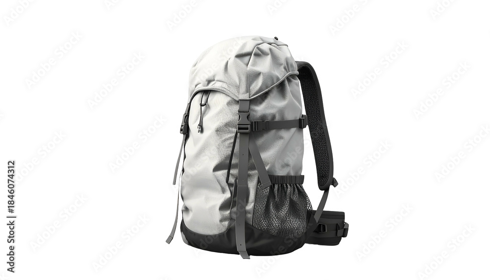 Fototapeta premium A grey backpack with a black base and details, isolated against black