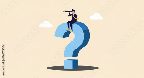 Businessman Searching with Telescope on Giant Question Mark Symbol in Minimalist Graphic Illustration, Conceptual Problem Solving Viewpoint