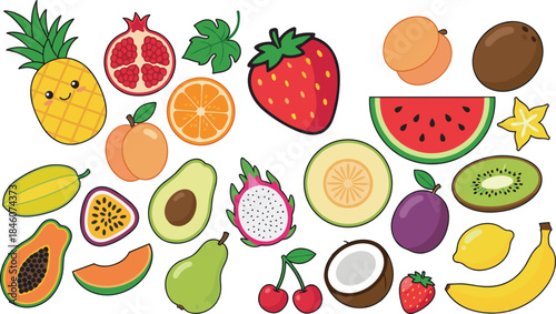 Vibrant Vector Collection of Hand-Drawn Summer Holiday and Beach Vacation Doodles Paired with a Wide Variety of Colorful, Exotic Tropical Fruits and Berries.