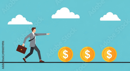 Businessman Running Towards Large Gold Coins Representing Financial Success in Modern Urban Setting Illustration