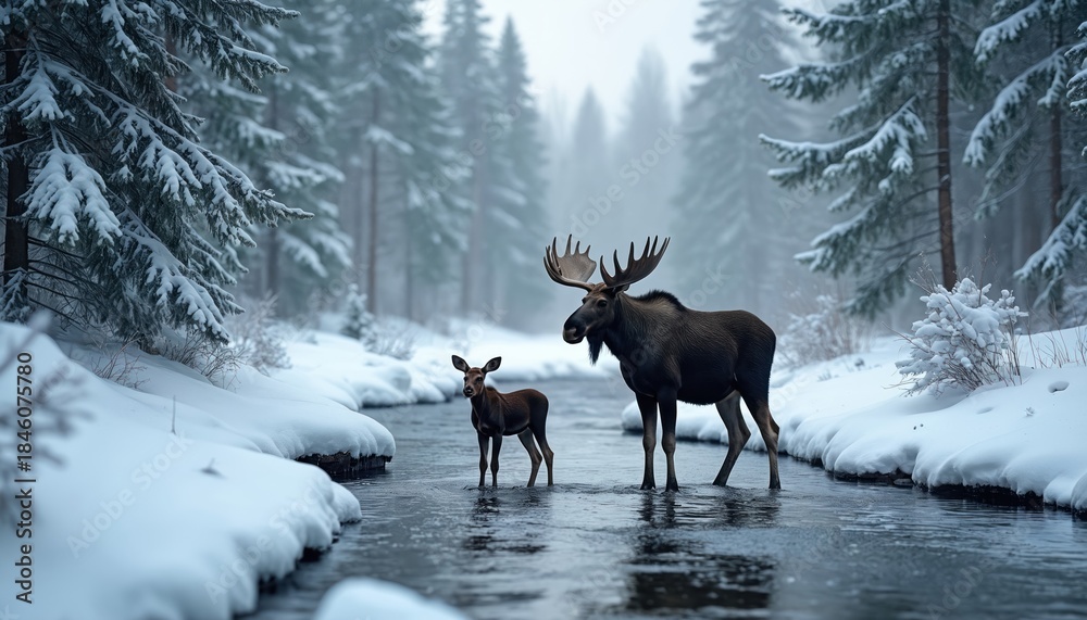 Fototapeta premium A large male moose and a young calf stand in a shallow stream. They are surrounded by a snowy forest with tall pine trees. The background is foggy and muted.