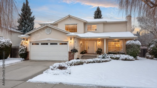 Elegant house covered in fresh snow under a twilight sky.
