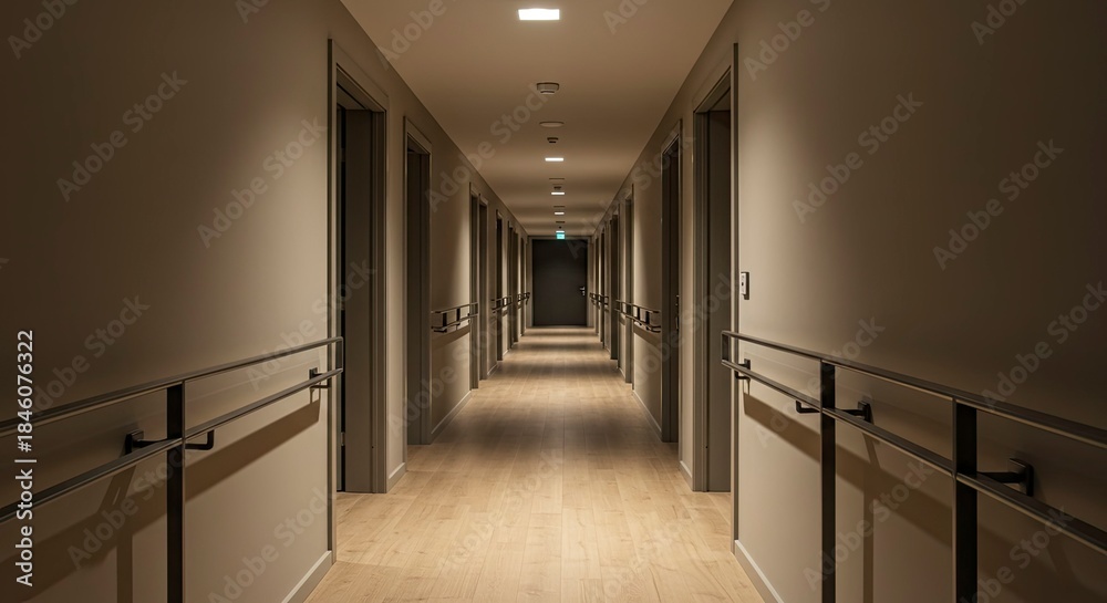 Fototapeta premium Long, dimly lit hallway with doors and handrails