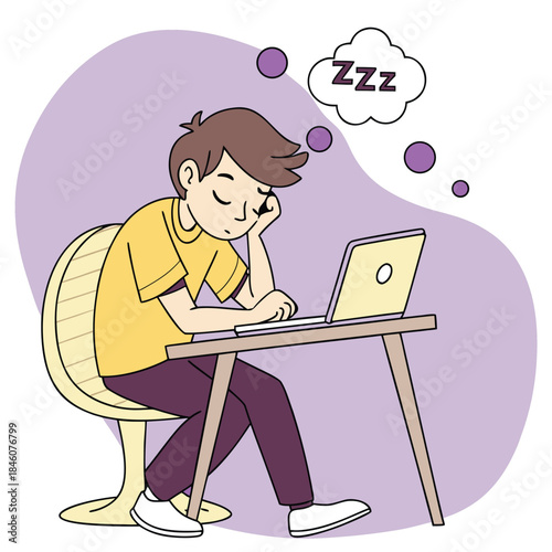 Young person feeling sleepy at desk working on laptop, experiencing fatigue