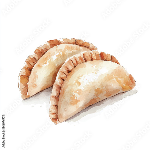 Two delicious baked empanadas watercolor illustration isolated on white.