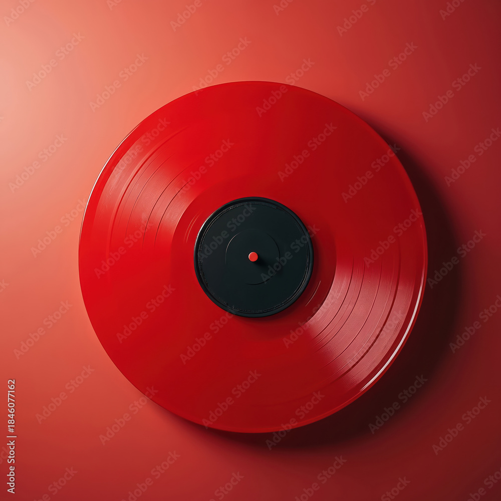 Obraz premium Red vinyl record placed on a plain red surface. This minimalistic composition highlights the disc and its grooves, suggesting themes of music, nostalgia, and retro style.