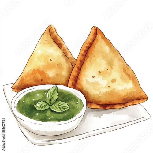 Two delicious watercolor samosas with green chutney dip.