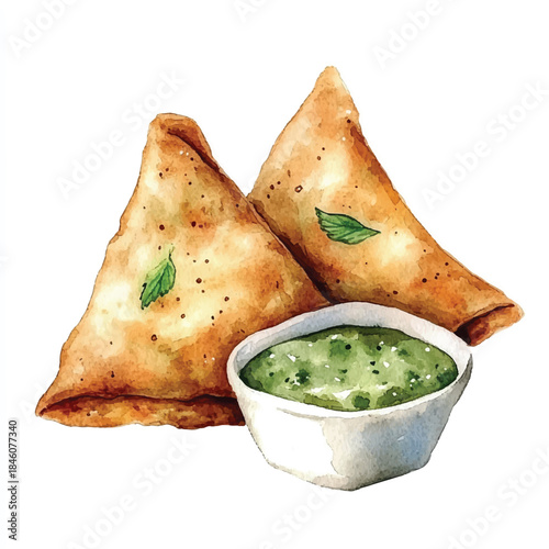 Two golden brown samosas with a small bowl of green chutney.