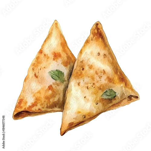 Two golden brown samosas with crispy edges and savory filling ready to eat.