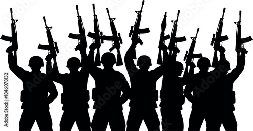 Armed soldiers raising rifles in victory – flavector military silhouette for unity and strength