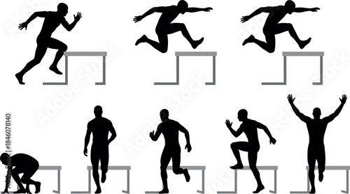 Athlete silhouette jumping over hurdle, sports training sequence, black action figure illustration set - flavector