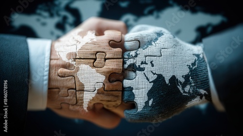 Two opposing hands force a globe shaped puzzle piece into place over a blurred world map capturing negotiation strain and global trade tension.