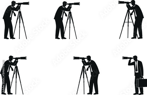 Businessperson using telescope in various poses, vision and strategy concept – flavector