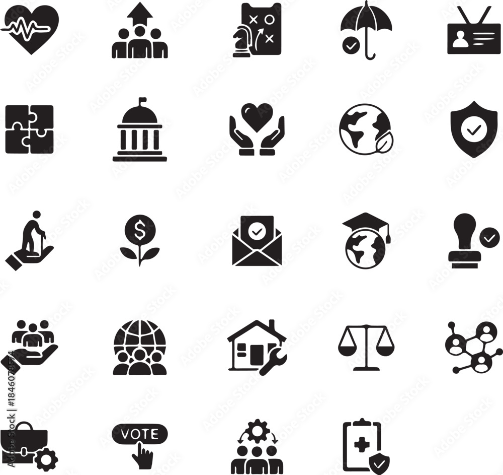 Obraz premium Collection of various professional business icons on dark background
