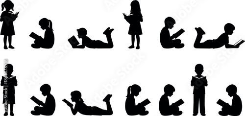 Children reading books in various poses – flavector silhouette vector set for education and literacy