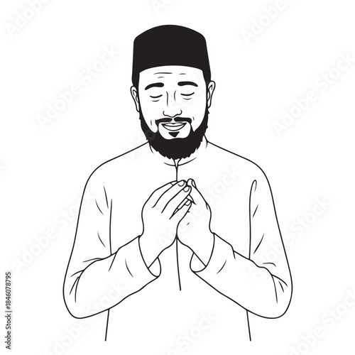 Muslim Man Praying with Peaceful Spiritual Expression in Black and White Line Art Illustration for Religious Prayer and Meditation.