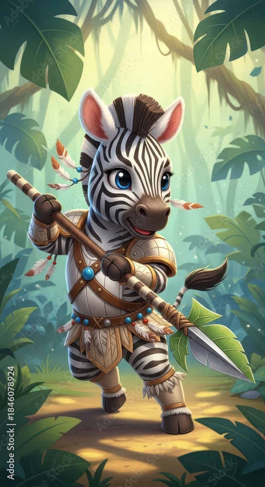 Naklejka premium Cartoon zebra warrior character stands ready with a spear in a lush jungle environment
