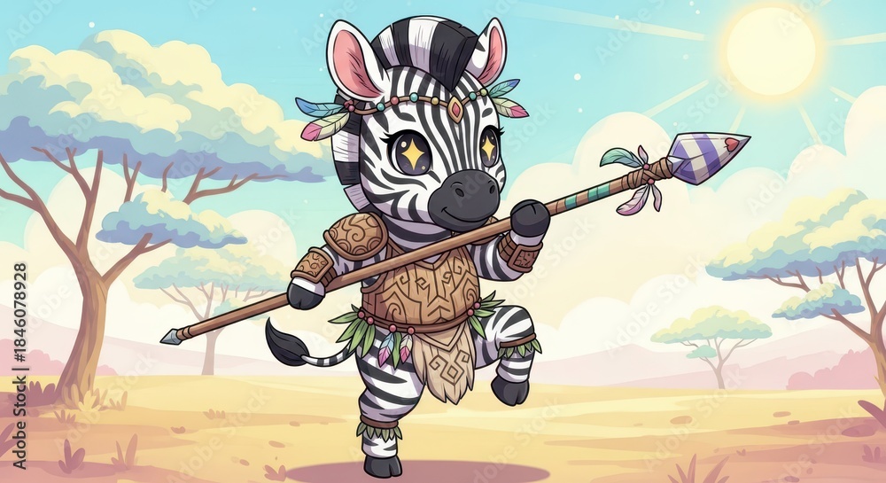 Naklejka premium Cute cartoon zebra character dressed in tribal attire holds a decorative spear in a sunny savanna landscape