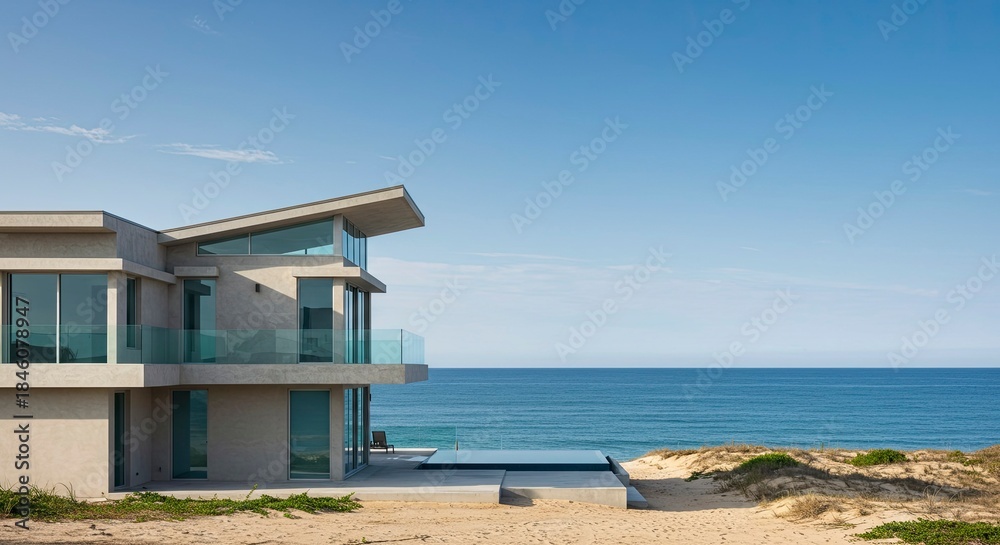 Fototapeta premium Modern Beach House with Infinity Pool Overlooking Ocean