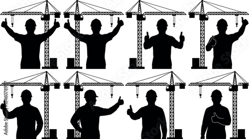 Construction worker silhouette set with tower cranes, thumbs up gestures, safety helmet figures, building industry approval concept illustration