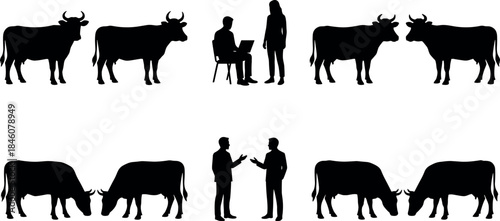 Cows and humans in varied postures – flavector silhouette series on rural life and interaction