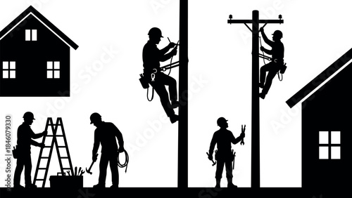 Electrical line worker silhouettes – flavector series on residential utility maintenance and infrastructure service