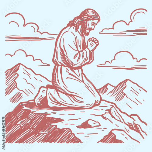 Jesus Christ Kneeling in Prayer Sketch Illustration. Hand-drawn Biblical Scene of Supplication on a Rocky Mountain.