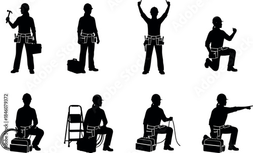 Electrician worker silhouette collection showing professional tools safety helmet repair maintenance actions industrial labor poses isolated white background