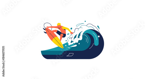 Surfer riding a big wave, extreme sport, active lifestyle, summer vacation, water sports, vector illustration