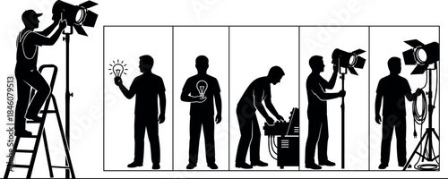 Film crew lighting silhouettes set, professional studio technicians operating lights equipment, ladder setup, idea concept, production workflow illustration