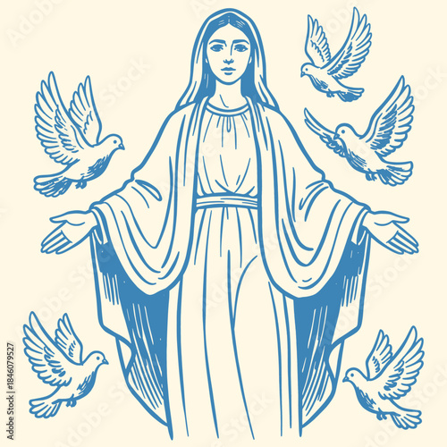 Drawing of Virgin Mary and Doves. Blue Line Art Illustration of Our Lady, Madonna, and the Spirit of Peace.