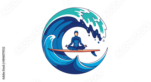 Serene surfer meditating in lotus pose on surfboard within a stylized crashing ocean wave