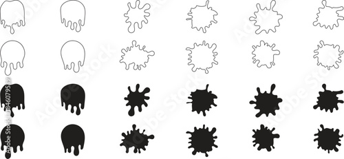 Vector Paint Splash and Liquid Drip Set. Black Silhouette Ink Splatter and Outline Slime Blobs. Isolated Cartoon Gooey Droplets Collection for Street Art, Grunge, and Graffiti Design.