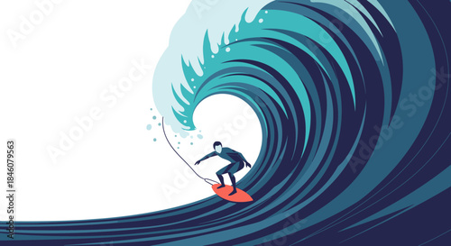 Businessman surfing a giant wave, concept of overcoming challenges and business success in a dynamic environment