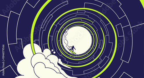 Surfer riding a wave inside a futuristic, abstract, circular tunnel with neon green accents and a dark blue background