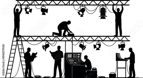 flavector backstage lighting crew adjusting trusses and control panels during stage setup for live event