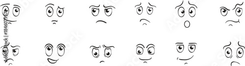 Vector Cartoon Face Emotions Set. Hand Drawn Animation Style Mascot Facial Expressions and Eyes. Isolated Comic Character Moods Collection for Emoji and Avatar Design.