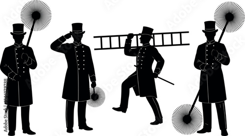 flavector chimney sweep silhouettes with brushes, ladder and top hats in traditional uniform poses