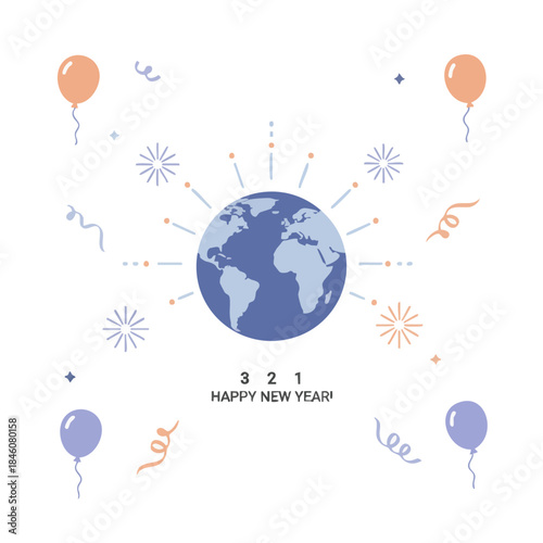 Global New Year celebration illustration with Earth, festive balloons, sparkling confetti, and countdown for a happy new beginning