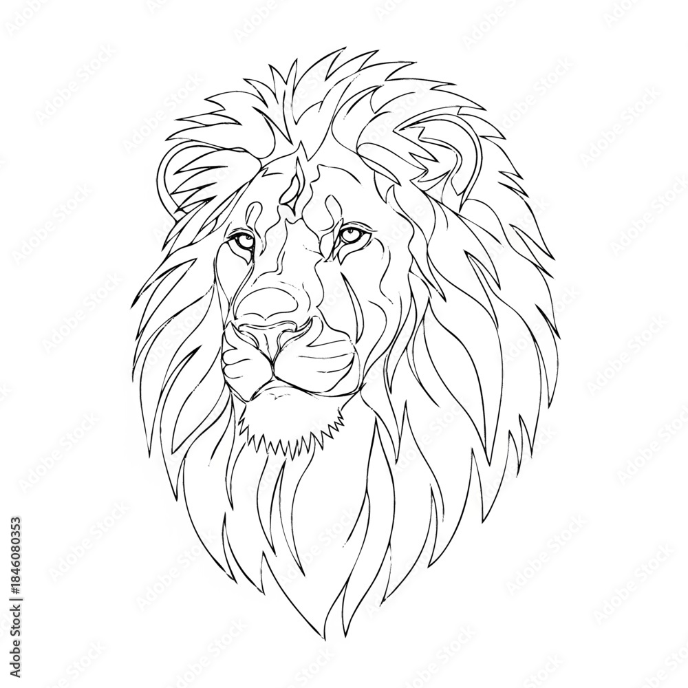 Obraz premium Majestic Lion's Portrait: A striking line drawing showcases the regal essence of a lion's head, emphasizing its noble features.