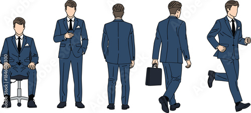 Businessman in blue suit, office poses, professional movement, briefcase action, corporate attire, workplace gesture, business character illustration, formal style
